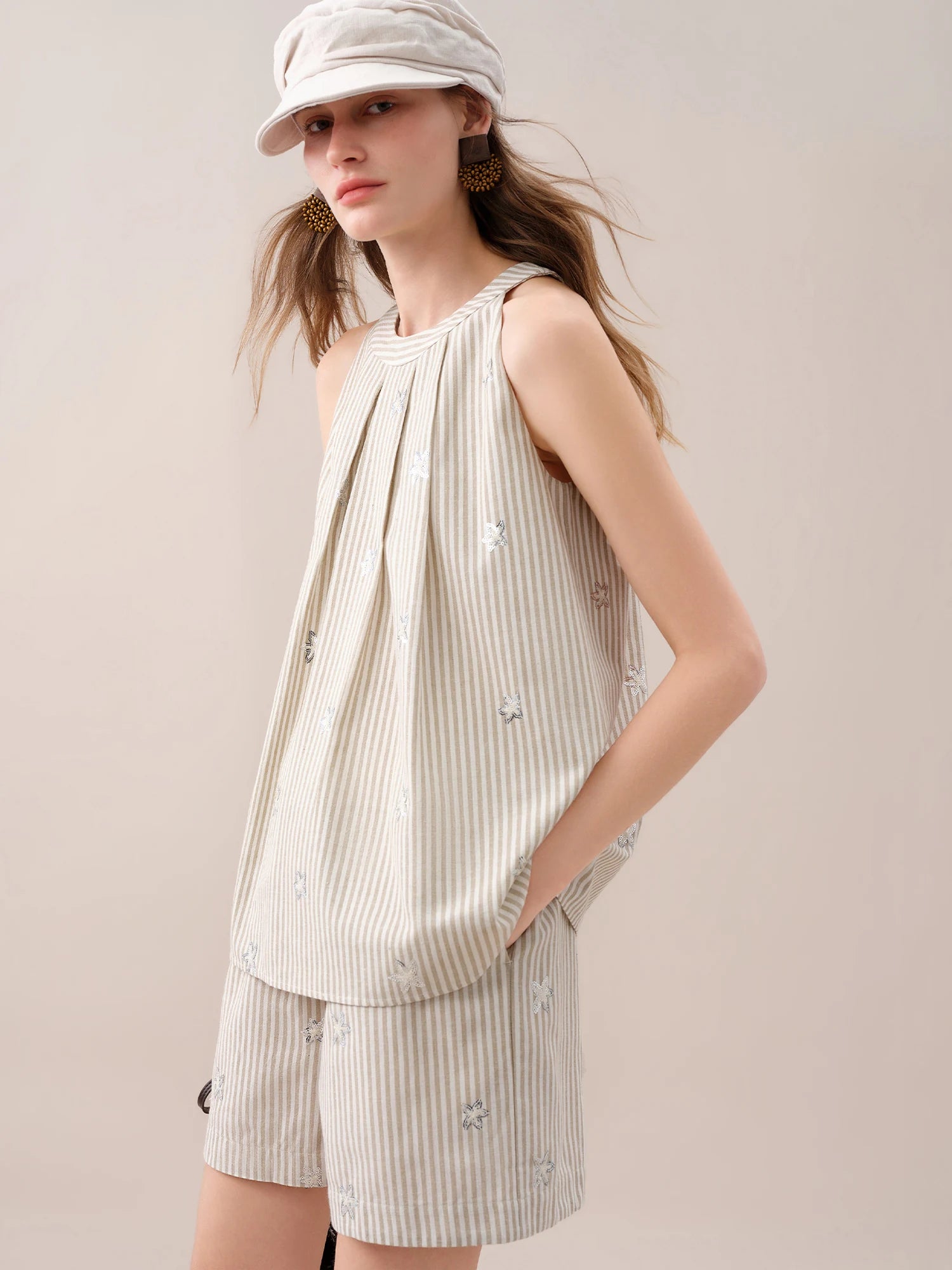 Striped Embroidered Sleeveless Blouse