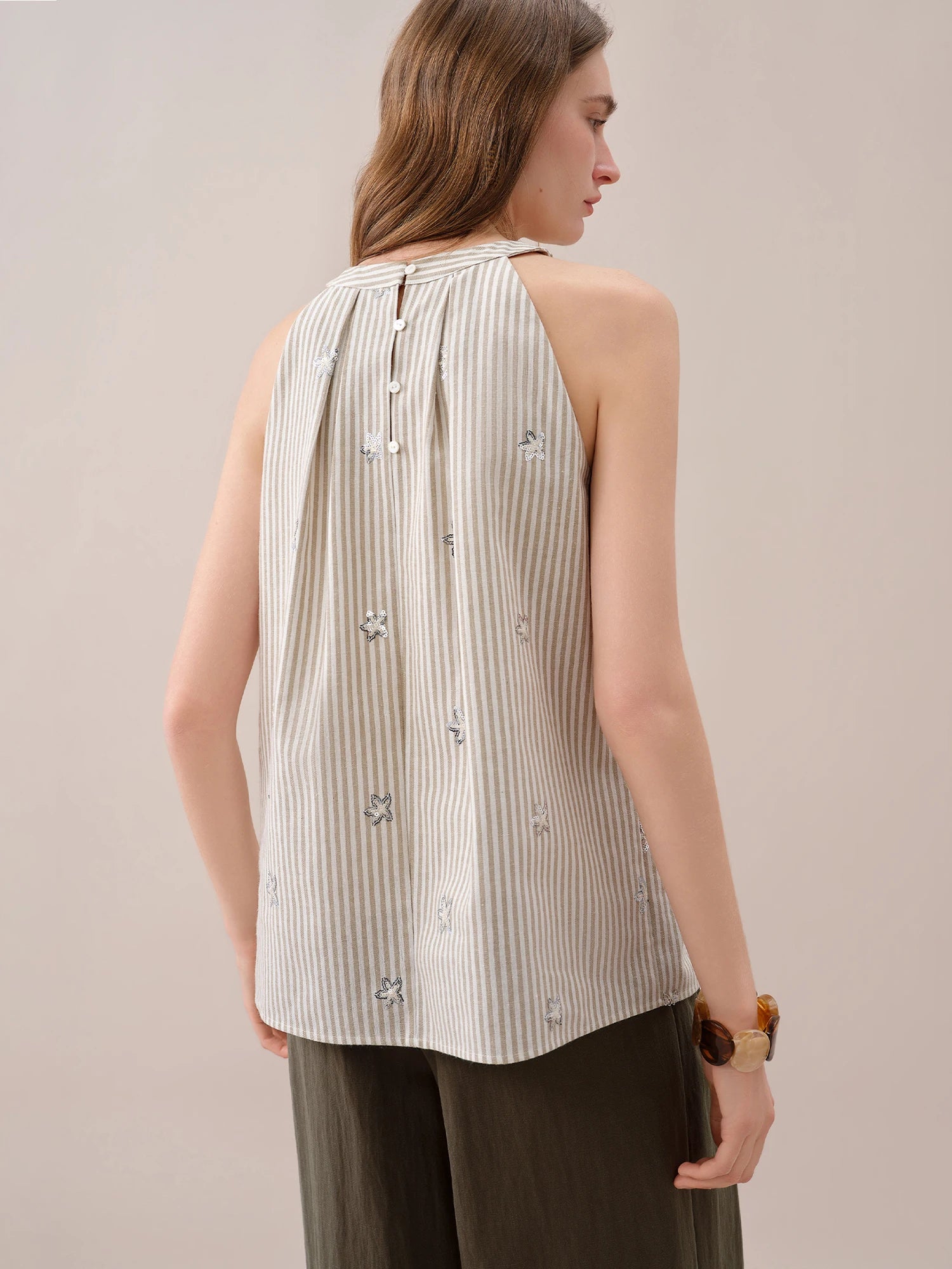 Striped Embroidered Sleeveless Blouse