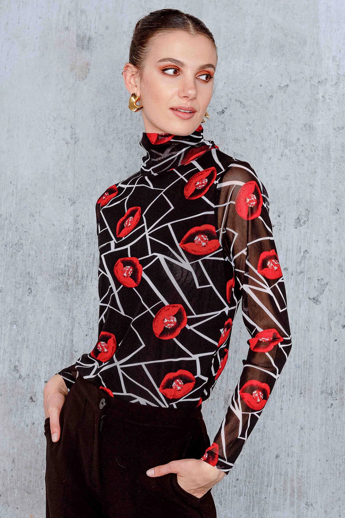 Red Lips Print Mesh Top